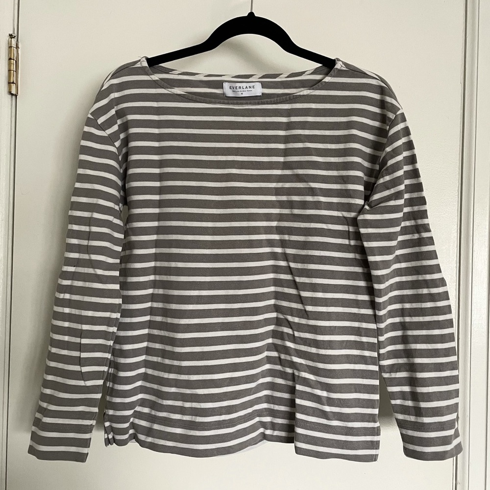 Everlane White and Gray Striped Long Sleeve Tee